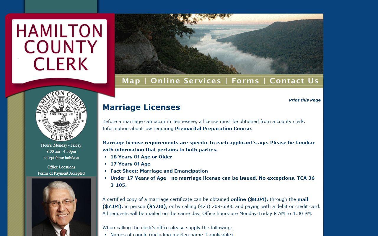Hamilton County Clerk marriage license information page
