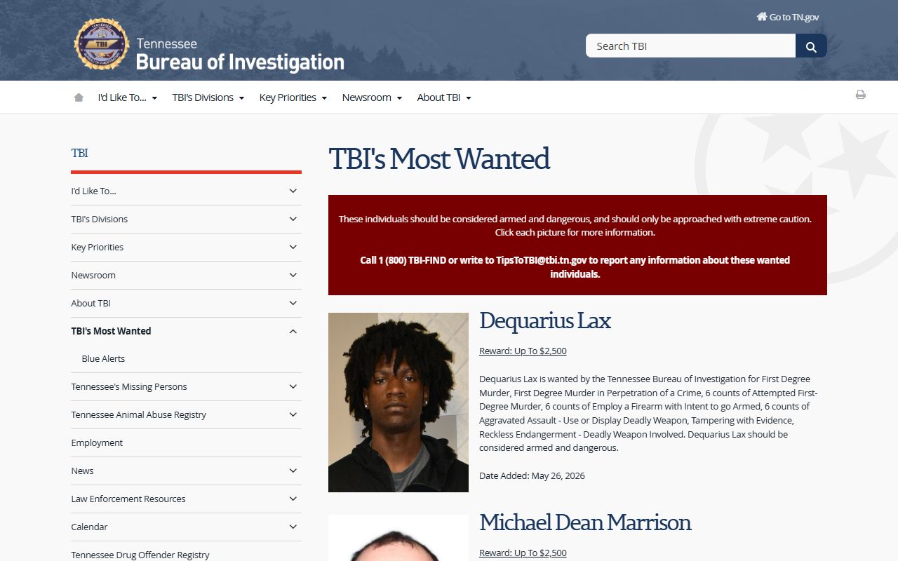 Hamilton County arrest records TBI Most Wanted fugitive list