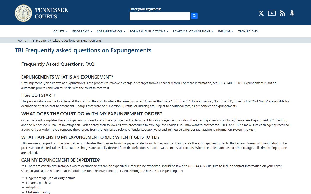 Hamilton County arrest records AOC and TBI expungement FAQ