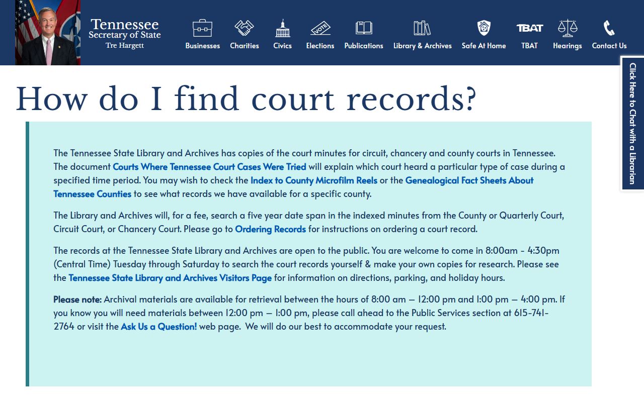 Hamilton County public records Tennessee State Library and Archives court records FAQ