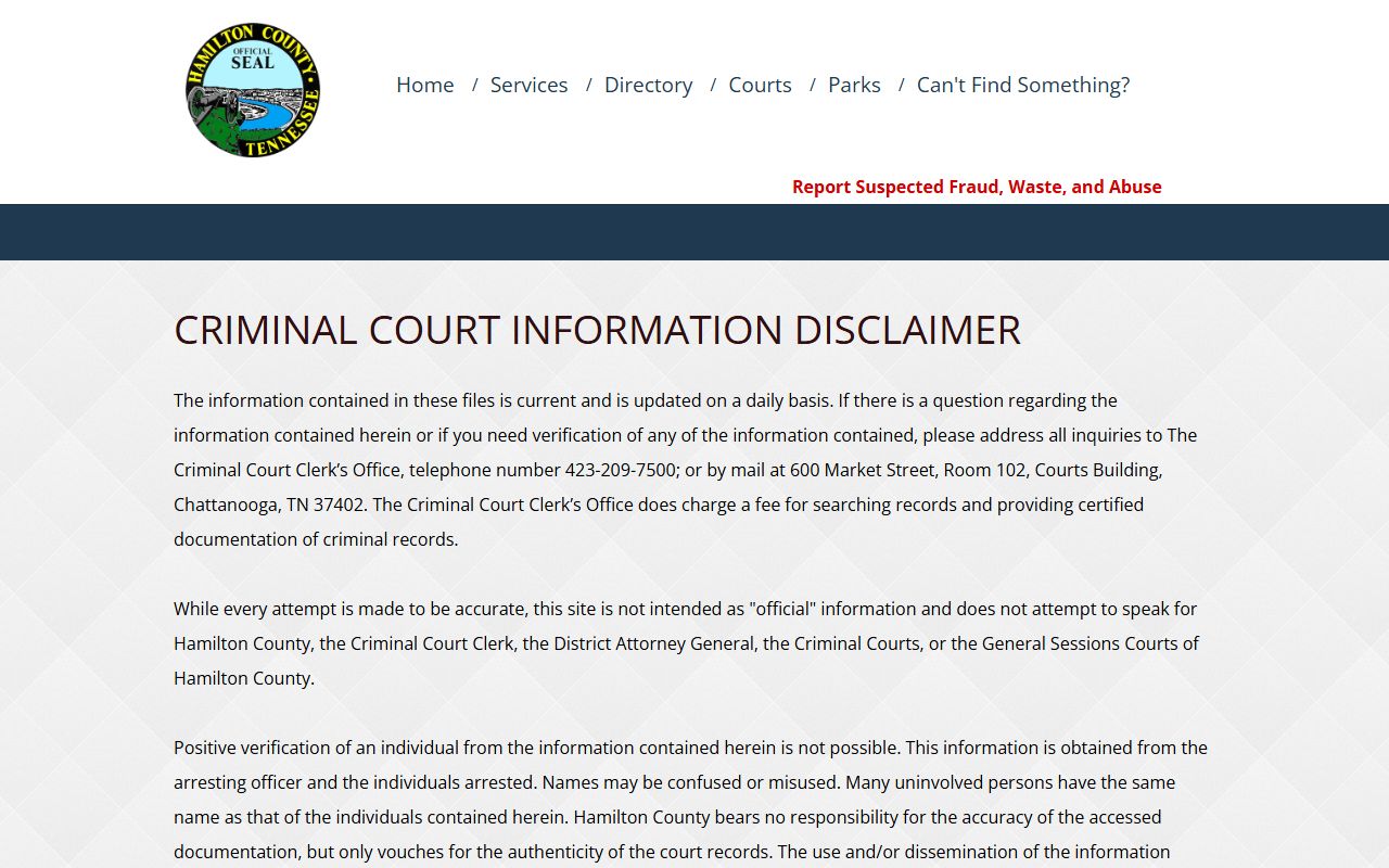 Hamilton County court records criminal court information disclaimer
